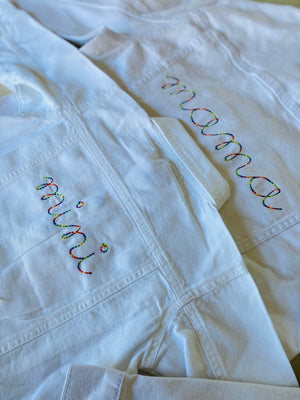 juju + stitch Personalized Custom Embroidered "mini" White Denim Jacket Mommy & Me Rainbow Stitch