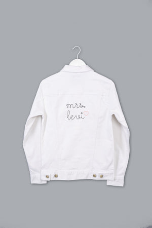 juju + stitch Personalized Custom Embroidered White Adult Denim Jacket Mrs. Bride Engaged Bridal