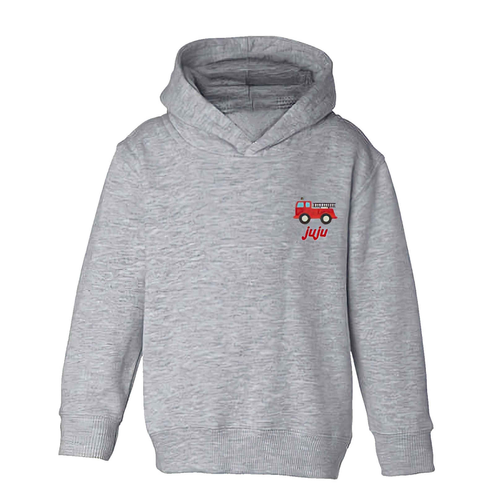 Little kid gray hoodie with embroidered fire truck and personalized name