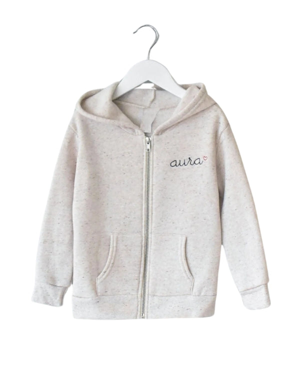 Personalized baby zip fleece hoodie with embroidered name in script font