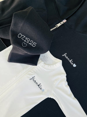 White Baby Footie and Matching Mommy Sweatshirt with Birth Date on Wrist