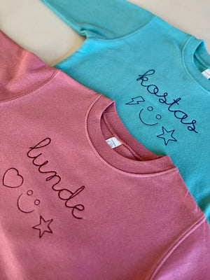 sibling matching sweatshirts - teal & mauve pink