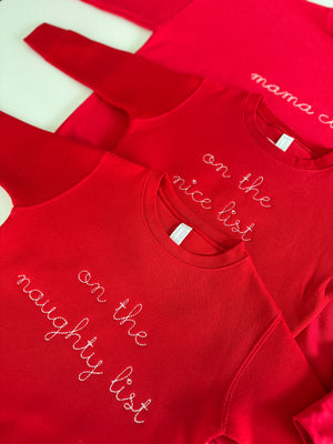 Naughty or Nice red kids crewneck sweatshirt – pre-embroidered