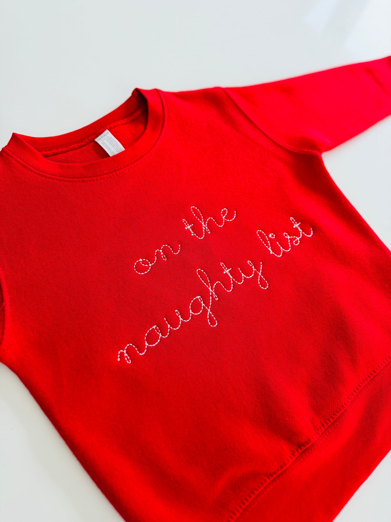 Naughty or Nice red kids crewneck sweatshirt – pre-embroidered