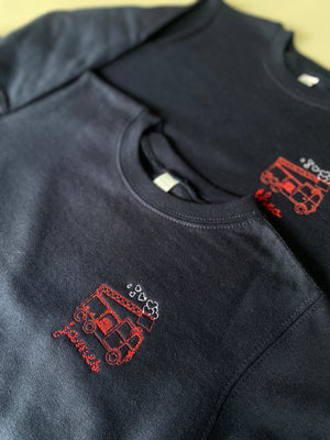 Custom embroidered kids sweatshirt with love fire truck design