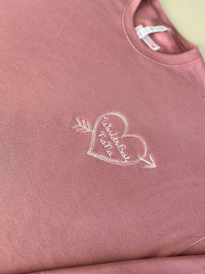 Pink sweatshirt embroidered white heart bow & arrow valentine's day