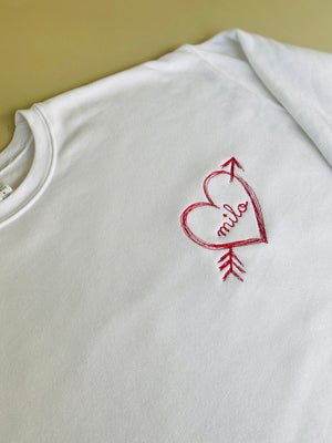 Open Heart Bow + Arrow crewneck – personalized custom embroidery