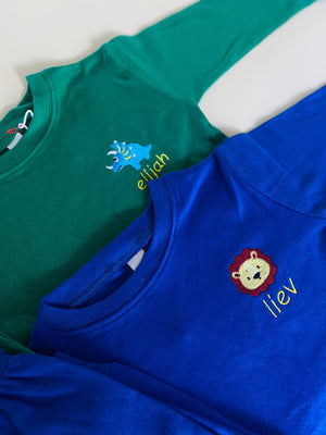 juju + stitch Personalized Custom Embroidered / Royal Blue Baby + Little Kid Supersoft Cotton Pajama Set Dinosaur Lions