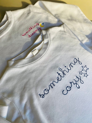 juju + stitch Personalized Custom Embroidered 6/12M / White Baby + Little Kid Supersoft Cotton Pajama Set Something Cozy