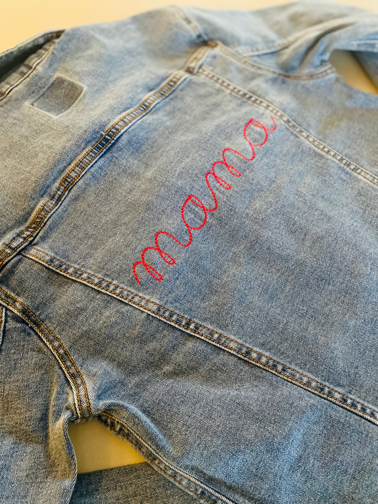 Mama blue denim jacket – pre-embroidered