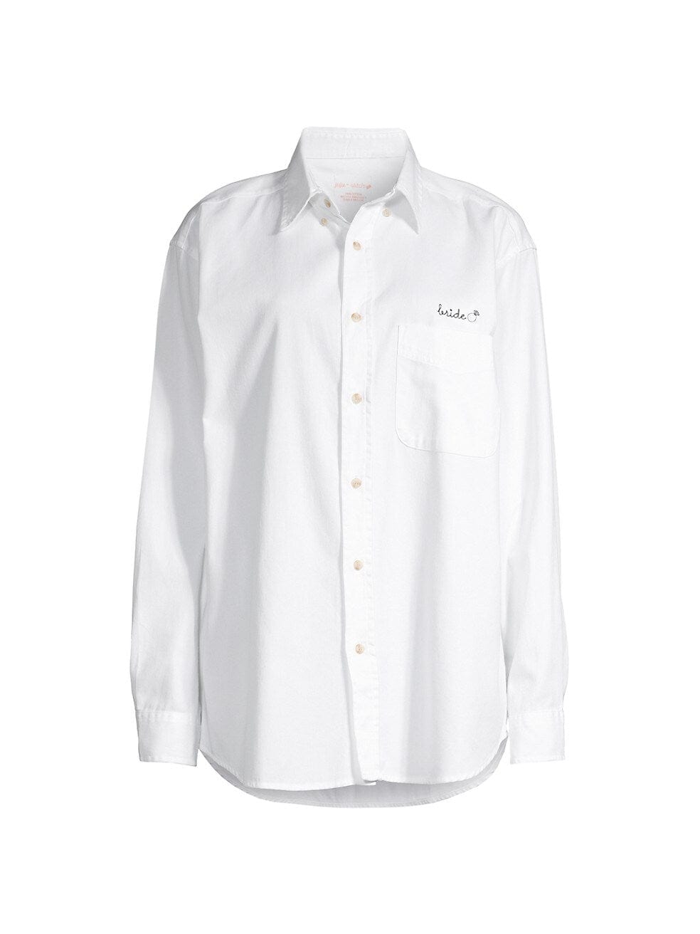 White oversized button-down shirt pre-embroidered with “Bride” on chest