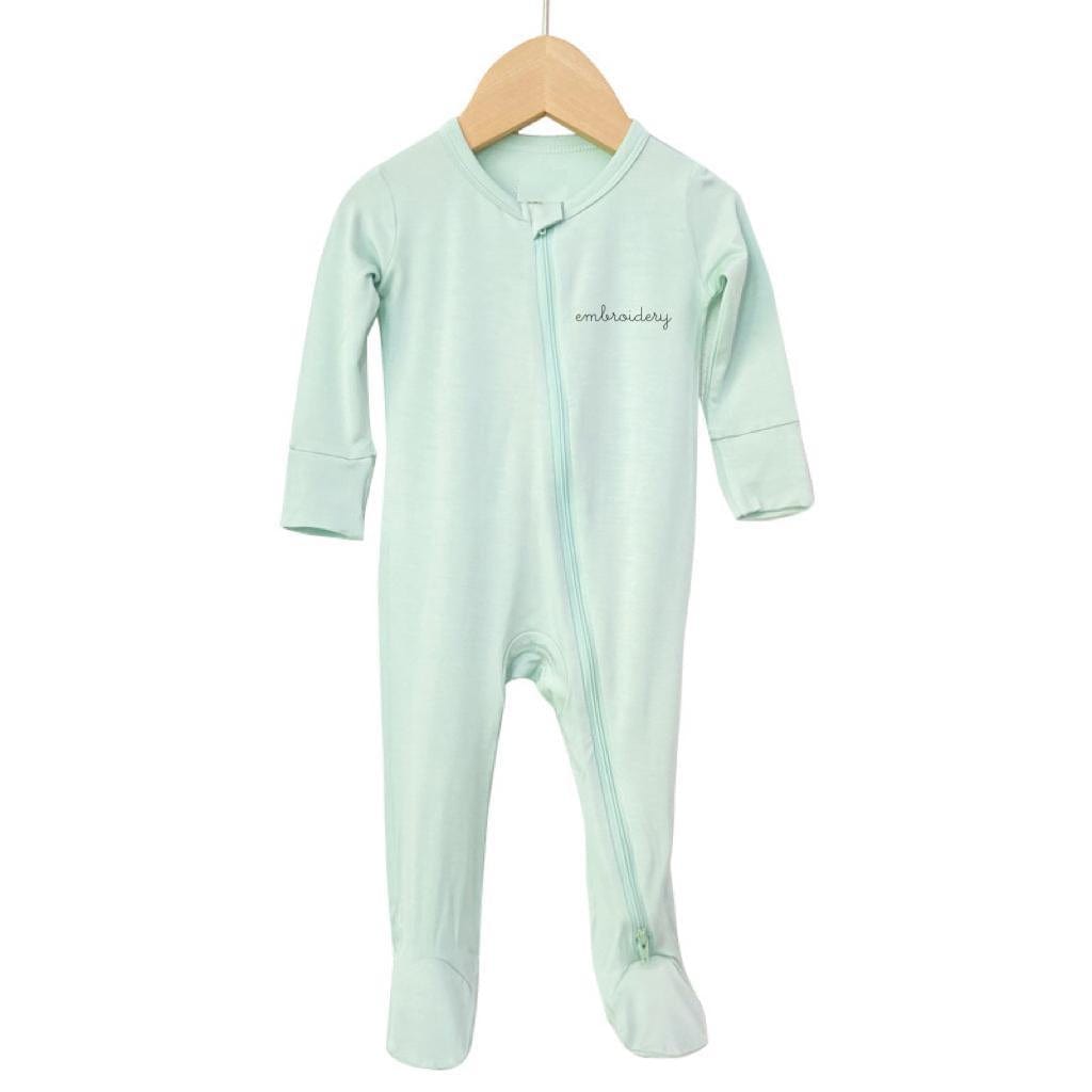 Baby long-sleeve bamboo footie in mint with custom name embroidery