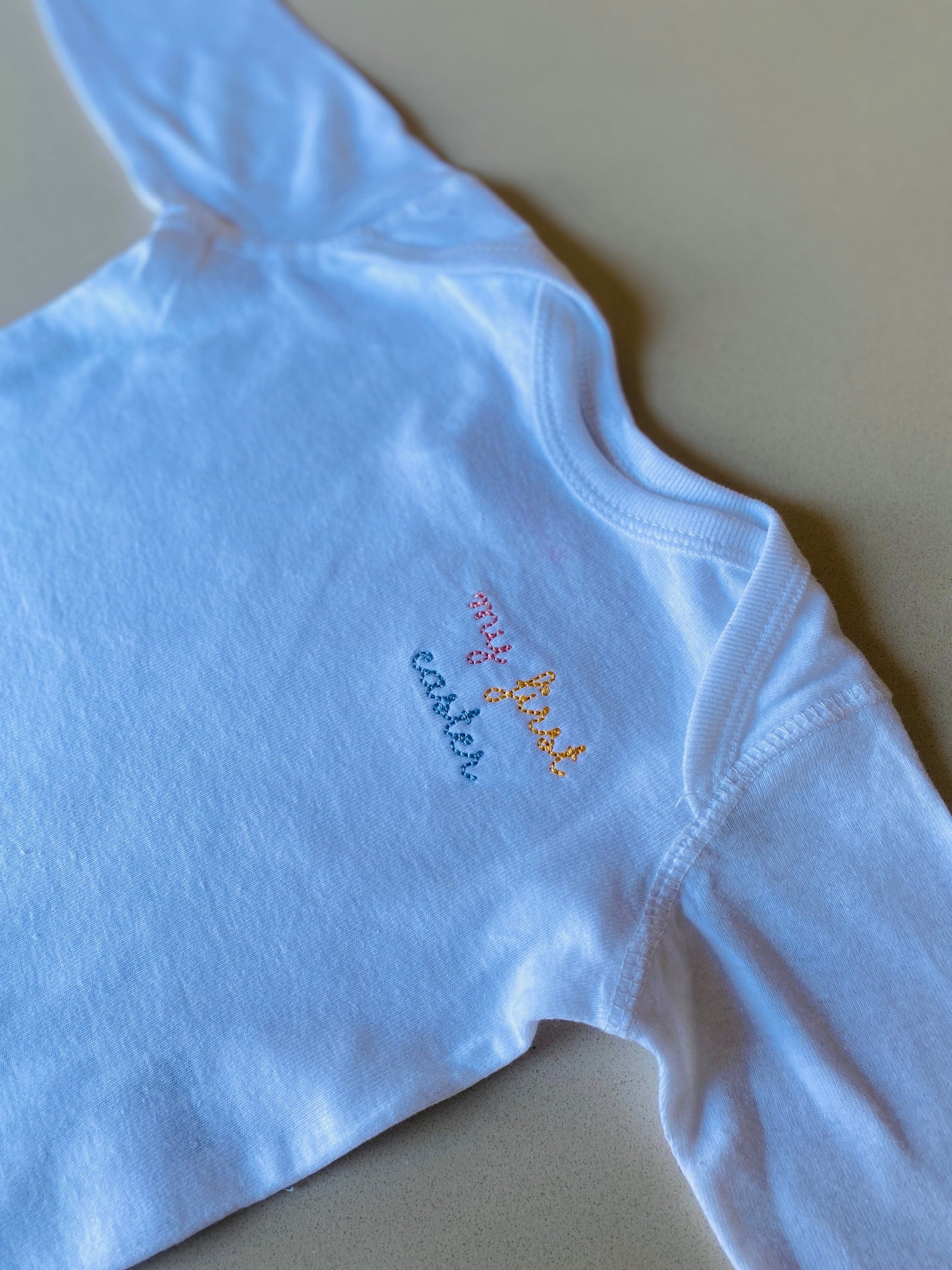 juju + stitch Personalized Custom Embroidered Baby & Toddler White / NB "my first easter" Baby Longsleeve Onesie