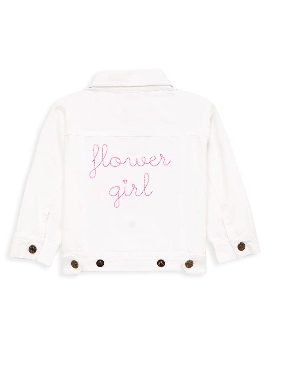 White denim jacket with hot-pink “flower girl” embroidery on back