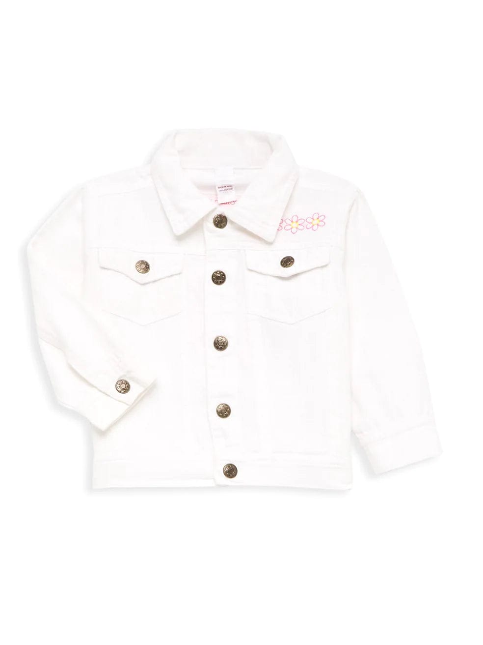 White denim jacket with hot-pink “flower girl” embroidery on back