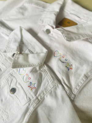 juju + stitch Personalized Custom Embroidered "mama" Adult White Denim Jacket Mommy & Me Matching