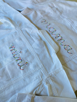 juju + stitch Personalized Custom Embroidered "mama" Adult White Denim Jacket Mommy & Me Matching