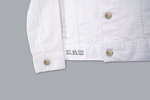 juju + stitch Personalized Custom Embroidered White Adult Denim Jacket Mrs. Bride Engaged Bridal Wedding Date