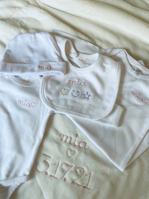 juju + stitch Personalized Custom Embroidered NEWBORN / White Baby Bundle