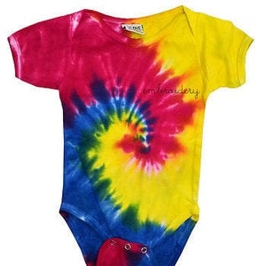 Baby Tie-Dye Shortsleeve Onesie juju + stitch 6M / Spiral Rainbow custom embroidered script tie dye onesie