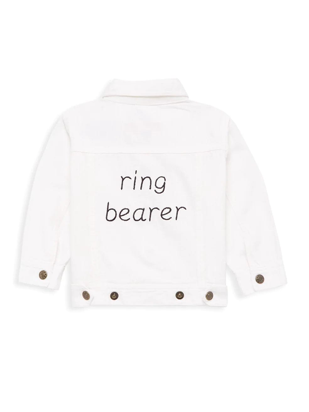 White denim jacket with black “ring bearer” embroidery on back