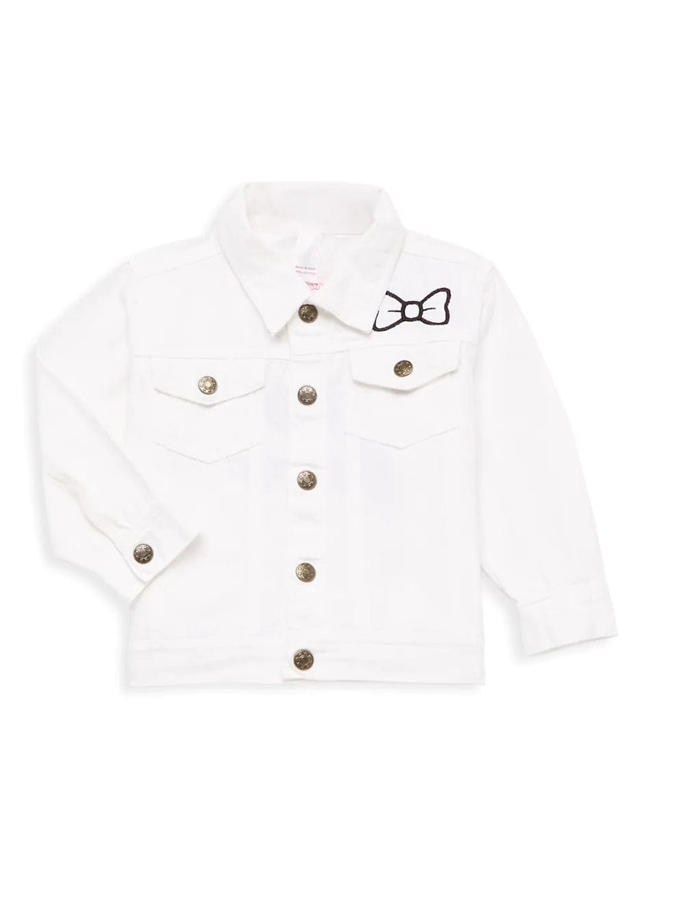 White denim jacket with black “ring bearer” embroidery on back