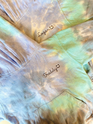 Kids Tie-Dye Pullover Hooded Sweatshirt juju + stitch KIDS 2-4 / Spiral Aqua custom personalized script embroidered tie dye hoodie