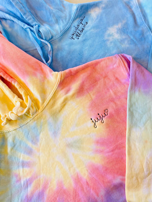 New! Ladies' Tie-Dye Cropped Fleece Hoodie juju + stitch  custom personalized script embroidered tie dye hoodie