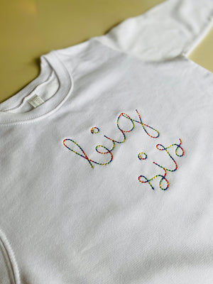 juju + stitch Personalized Custom Embroidered Sweatshirts & Hoodies Little Kids Classic Crewneck Sweatshirt Big Sis Rainbow Stitch White Fleece