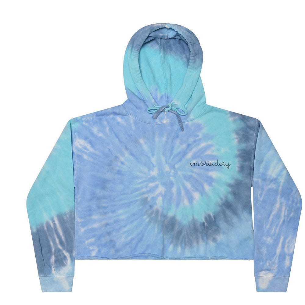 New! Ladies' Tie-Dye Cropped Fleece Hoodie juju + stitch Spiral Aqua / Adult XS custom personalized script embroidered tie dye hoodie