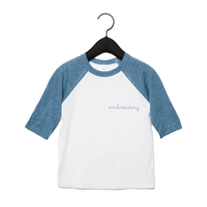 Little Kids Baseball T-shirt juju + stitch 2T / Heather Denim/White custom personalized script embroidered kids baseball t-shirt