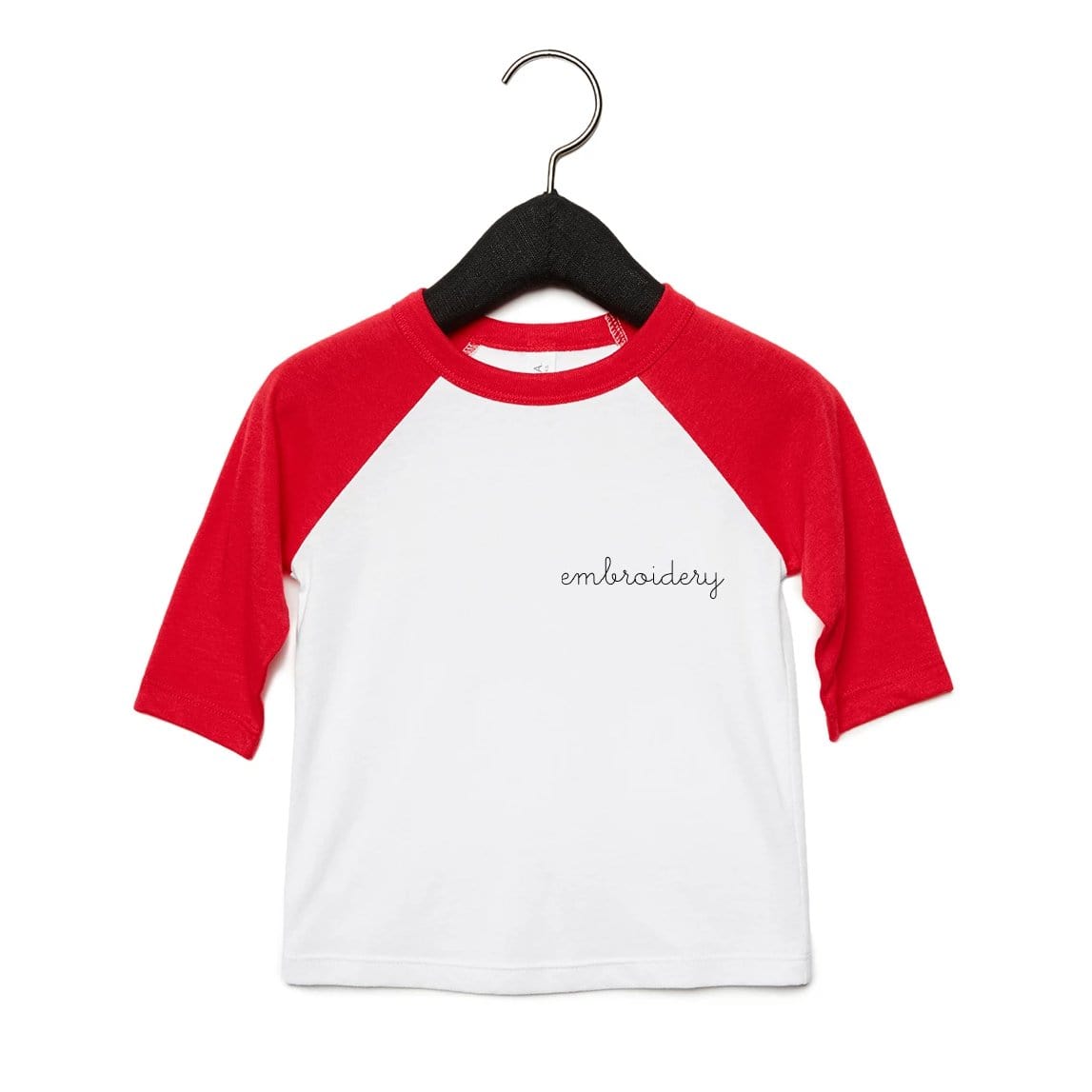 Personalized baby baseball t-shirt with custom embroidery and contrast sleeves.