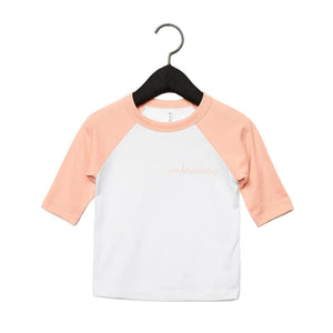 Big Kids Baseball T-shirt juju + stitch Youth S / Heather Peach/White custom personalized script embroidered kids baseball t-shirt